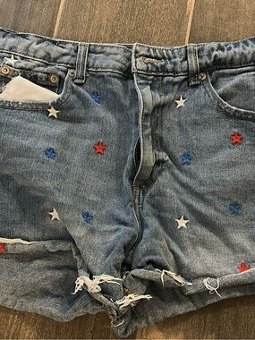 No Boundaries Embroidered Star Denim Jean Shorts - Red Blue White
